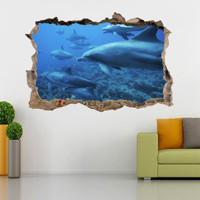 Dolphins Ocean Life 3D Smashed Broken Decal Wall Sticker J383
