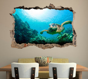 Sea Turtle 3D Smashed Broken Decal Wall Sticker J388