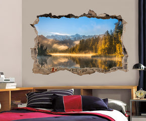 Foggy Lake Trees 3D Smashed Broken Decal Wall Sticker J414