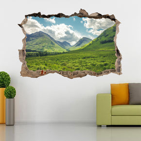 Green Hills Mountains 3D Smashed Broken Decal Wall Sticker J415