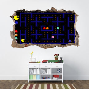 Pacman Classic Video Game 3D Smashed Broken Wall Sticker Decal J588