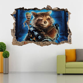 Rocket & Groot Guardians Of The Galaxy Superheroes 3D Smashed Wall Decal Wall Sticker J685