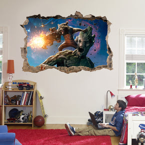 Rocket & Groot Guardians Of The Galaxy Superheroes 3D Smashed Wall Decal Wall Sticker J687