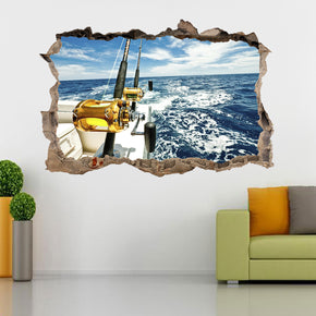 Boat Fishing 3D Smashed Broken Decal Wall Sticker J71