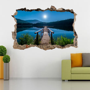 Moon Lake Bridge Over Water 3D Smashed Broken Decal Wall Sticker J737