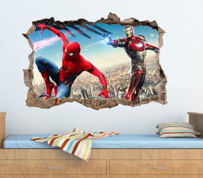 Spider Man et Iron Man 3D Smashed Wall Decal Wall Sticker J740