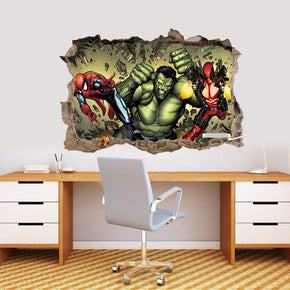 Super-héros attaque! Deadpool, Spiderman & Hulk 3D Smashed Wall Decal Wall Sticker J821