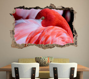 Red Flamingo 3D Smashed Broken Decal Wall Sticker J883