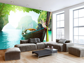 Boat Over Exotic Lake Woven Self-Adhesive Removable Wallpaper Modern Mural M122
