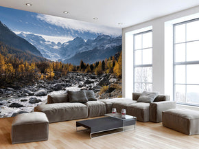 Mountain Trees Snow Woven Self-Adhesive Removable Wallpaper Modern Mural M135