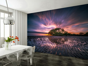 Sunrise Beach Tree Woven Self-Adhesive Removable Wallpaper Modern Mural M173