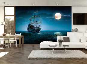 Pirate Ship Full Moon Woven Self-Adhesive Removable Wallpaper Modern Mural M233