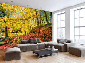 Automne forêt arbres nature tissé auto-adhésif amovible papier peint mural moderne M80