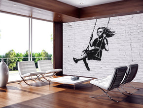Banksy Girl On Swing Woven Self-Adhesive Removable Wallpaper Modern Mural M83