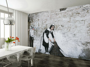 Banksy Cleaning Maid Woven Self-Adhesive Amovible Wallpaper Modern Mural M84