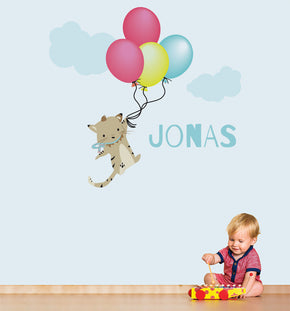 Enfants Kitten Baloons Personnalisé Custom Name Wall Sticker Decal WC200