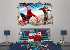 Spider-Man Iron Man Personalized 3D Smashed Bricks Decal Wall Sticker WP269