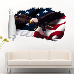Aigle drapeau américain 3D trou de papier déchiré autocollant mural effet déchiré