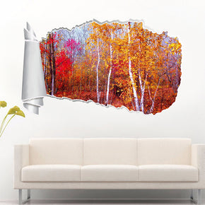 Autumn Red Forest Trees 3D Torn Paper Hole Ripped Effect Decal Wall Sticker