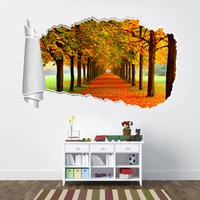 Les arbres de forêt d’automne laissent l’autocollant déchiré de mur de trou de papier déchiré 3D