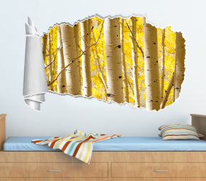 Yellow Birch Trees 3D Torn Paper Hole Ripped Effect Decal Wall Sticker