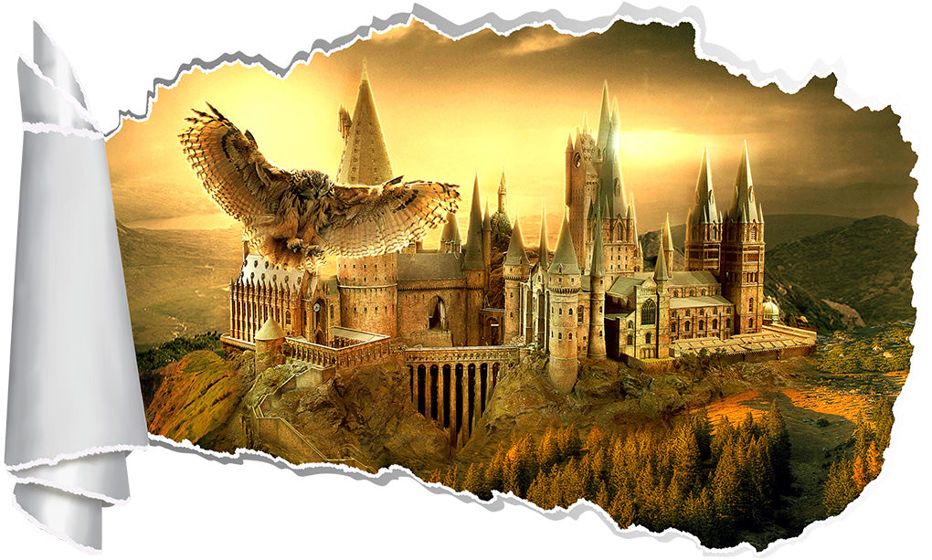 Harry Potter Poudlard Château 3D Effet Papier Déchiré Sticker Mural WT 