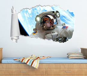 Astronaut In Space 3D Torn Paper Hole Ripped Effect Decal Wall Sticker