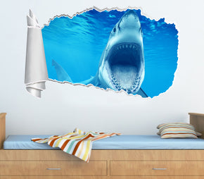 Great White Shark 3D Torn Paper Hole Ripped Effect Decal Wall Sticker