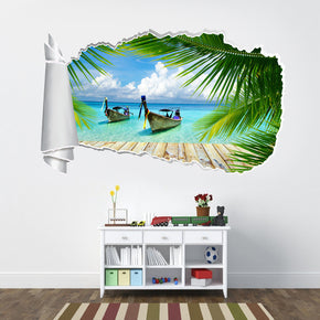 Exotic Beach Docking Boats 3D Torn Paper Hole Ripped Effect Decal Wall Sticker
