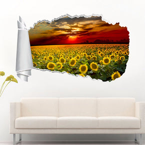 Sunflower Field Sunset 3D Torn Paper Hole Ripped Effect Decal Wall Sticker