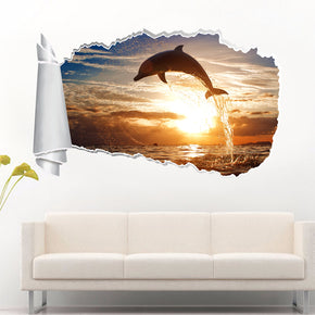 Dolphin Sunset 3D Torn Paper Hole Ripped Effect Autocollant mural décalcomanique