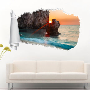 Autocollant exotique de mur déchiré de trou de papier de coucher du soleil de plage 3D