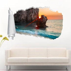 Exotic Beach Sunset 3D Torn Paper Hole Ripped Effect Decal Wall Sticker