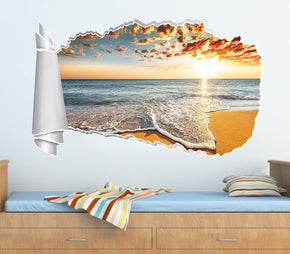 Autocollant exotique de mur déchiré de trou de papier de coucher du soleil de plage 3D