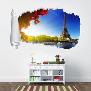 Eiffel Tower Paris 3D Torn Paper Hole Ripped Effect Autocollant mural décalcomanies
