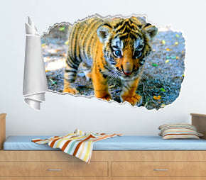 Tiger Cub 3D Torn Paper Hole Ripped Effect Decal Wall Sticker