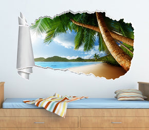 Palmier exotique plage île 3D trou de papier déchiré autocollant mural effet déchiré