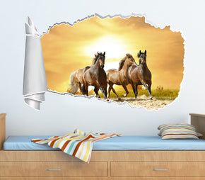 Chevaux galloping sunset 3D Torn Paper Hole Ripped Effect Decal Wall Sticker (en français)