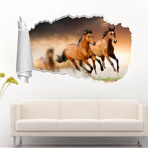 Horses Galloping Sunset 3D Torn Paper Hole Ripped Effect Decal Wall Sticker