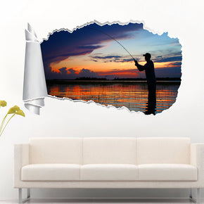 Fishing At Sunset 3D Torn Paper Hole Ripped Effect Decal Wall Sticker