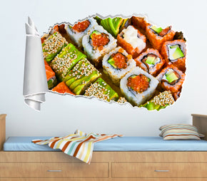 Sushi Japanese Food 3D Torn Paper Hole Ripped Effect Autocollant mural décalcomanies