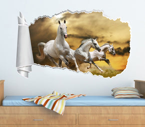 Galloping White Horses 3D Torn Paper Hole Ripped Effect Autocollant mural décalcomanie