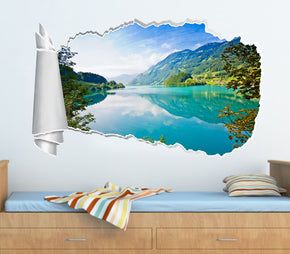 Turquoise Mirror Lake 3D Torn Paper Hole Ripped Effect Autocollant mural décalcomanique