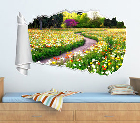 Flower Garden View 3D Torn Paper Hole Ripped Effect Decal Wall Sticker