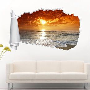 Autocollant exotique de mur déchiré de trou de papier de coucher du soleil de plage 3D