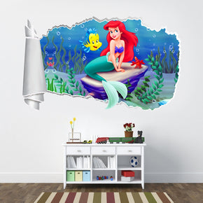 Little Mermaid 3D Torn Paper Hole Ripped Effect Autocollant mural de décalcomanies WT331