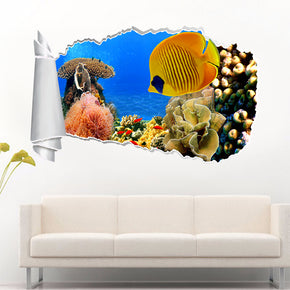 Tropical Fish Reef Corals 3D Torn Paper Hole Ripped Effect Autocollant mural décalcomanies