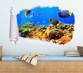 Tropical Fish Coral Reef 3D Torn Paper Hole Ripped Effect Autocollant mural décalcomanies