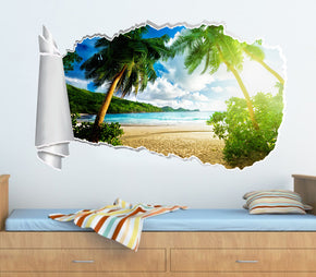 Tropical Virgin Island Beach 3D Torn Paper Hole Ripped Effect Decal Wall Sticker