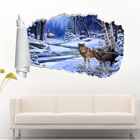 Loups dans la neige 3D trou de papier déchiré autocollant mural effet déchiré